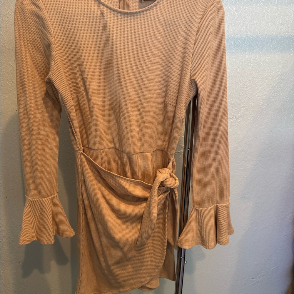 Tan Long Sleeve Dress with Tie Waist